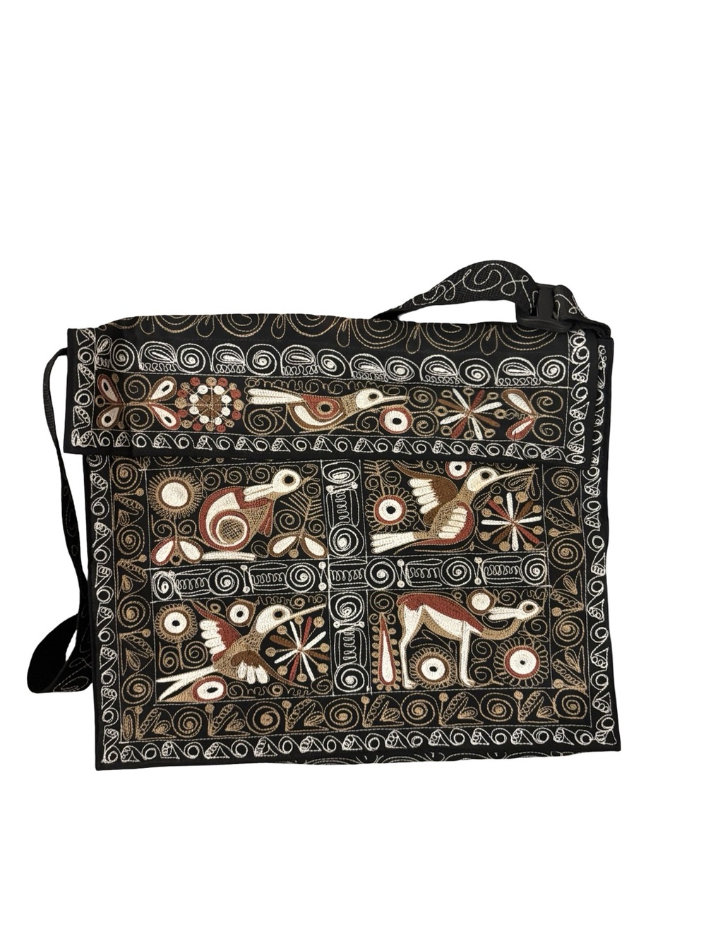 Embroidered Black Brown Earthy Multi-Accent Crossbody Bag